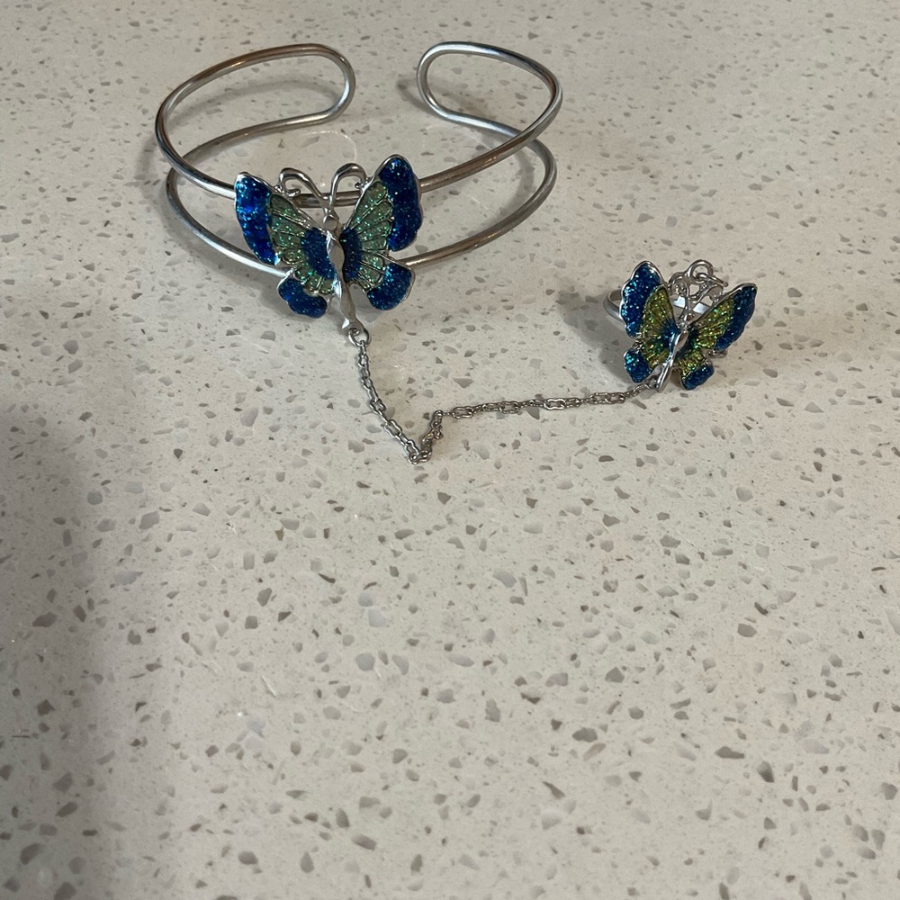 Butterfly Silver and Blue Bracelet and Ring Set